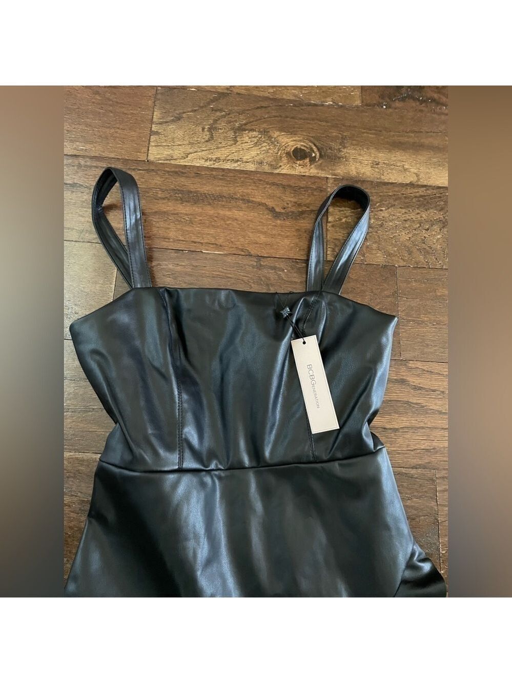 BCBGENERATION-Women's Faux-Leather Flounce-Hem Mini Dress-XS-black Retail $128 - Picture 5 of 13